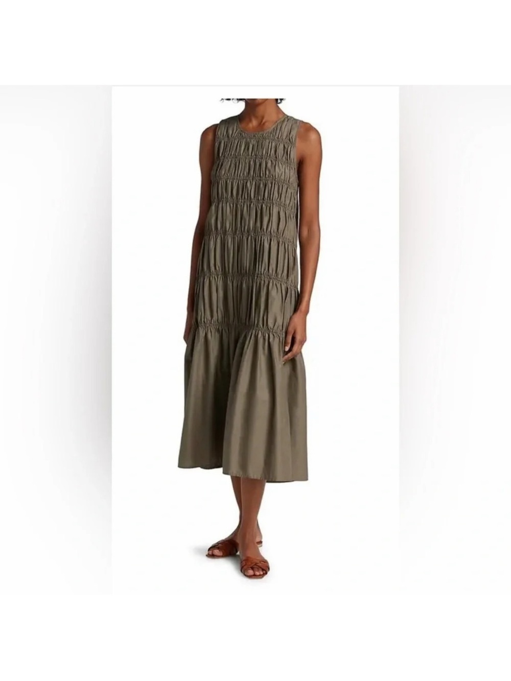 Gestuz Lena Smocked Midi Dress Sz US L khaki minimalist contemporary